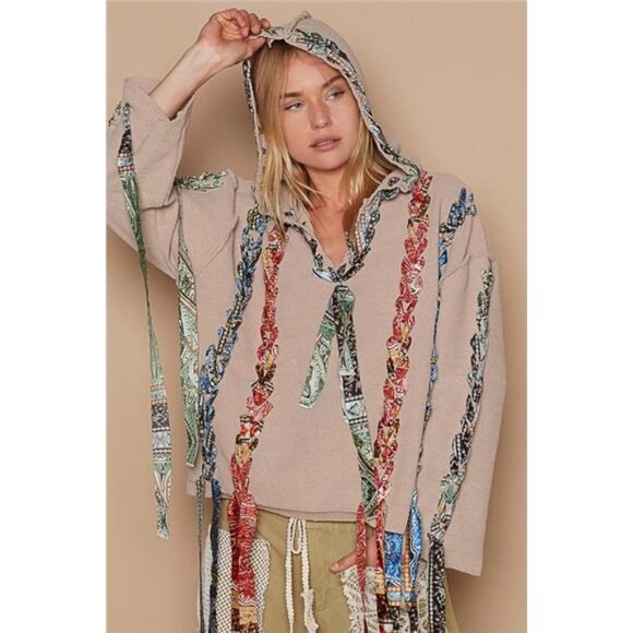 POL Contrast Thread Peace Back Hooded Sweater - Picture 1 of 4